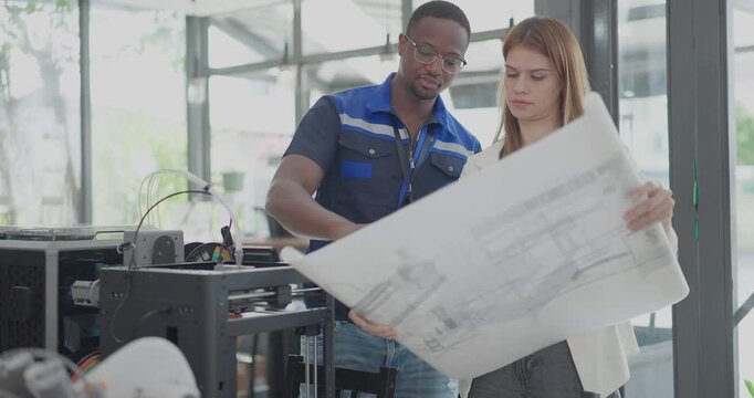 Engineer and Product Designer Reviewing Technical Blueprints