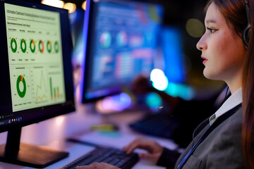 Close up portrait of a dedicated female call center operator wearing a headset. Beautiful businesswoman looking at financial chart on monitor during overtime in dark workplace. © ultramansk