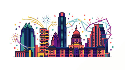 Fototapeta premium Vibrant Austin Skyline Celebrates with Colorful Fireworks Display