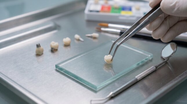Close-up of dental prosthetics being meticulously arranged on a glass slide by a medical professional using fine forceps