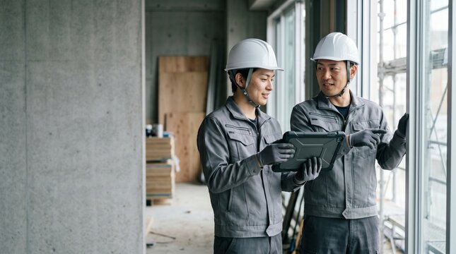 内装工事の現場でサッシを確認しながら若手を育成する現場監督