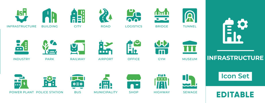 City Infrastructure Urban Architecture Transport Icon Set - editable vector icons for civil engineering, public facility, and smart municipality