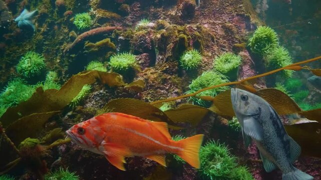 Footage of two beautiful golden discus fish (Symphysodon) gracefully swimming in a freshwater aquarium. The fish are vibrant with orange and yellow hues, showcasing their distinctive round bodies and 