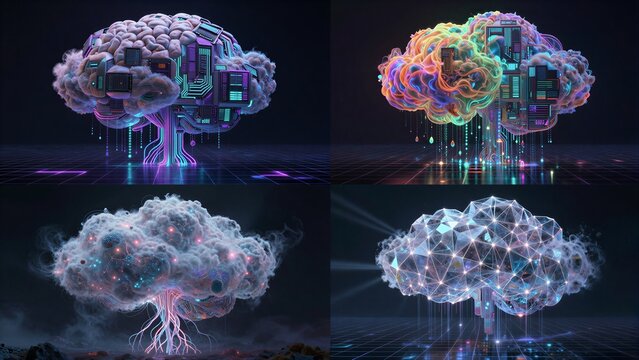 Four futuristic cloud brains blending tech and nature in glowing