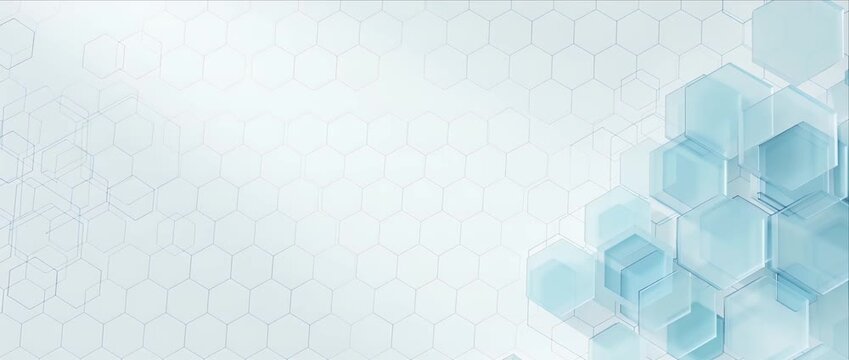 Futuristic medical modern video abstract background with blue hexagon science technology pattern, clean gradient digital innovation and delicate white wall surface design