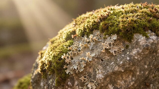 Mossy rock with delicate lichen bathed in soft sunlight filtering