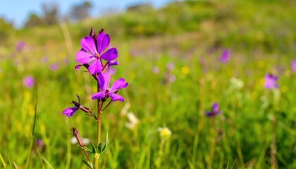 Fototapeta premium Vibrant Purple Wildflower Blooms in a Lush Green Meadow Under a Blue Sky.