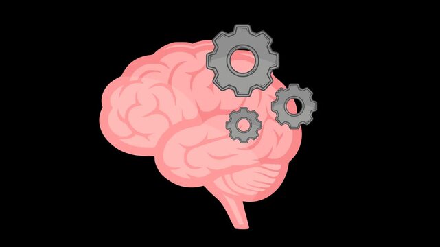 2d animation of a human brain with rotating metal gears symbolizing machine learning artificial intelligence and mental cognitive processing isolated on alpha channel transparent background for video 