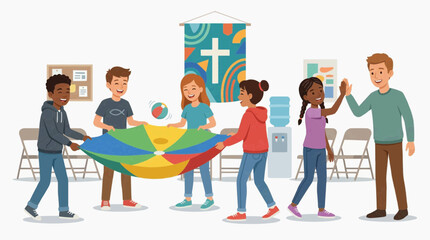 Fototapeta premium A diverse group of children and adults enjoying a colorful parachute game together. The scene is bright and cheerful, with a cross and rainbow banner in the background