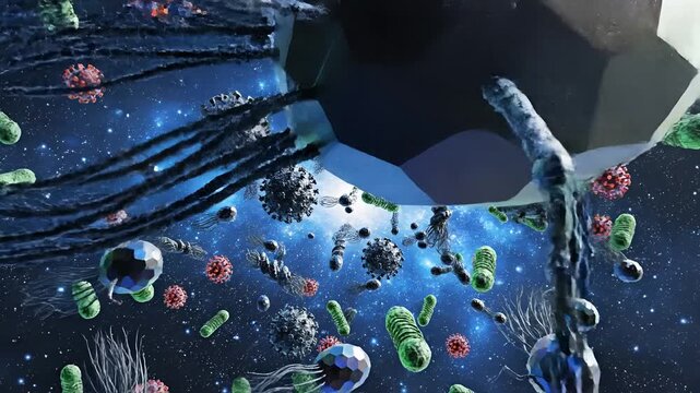 Microscopic World of Bacteria and Viruses in Digital Art.
