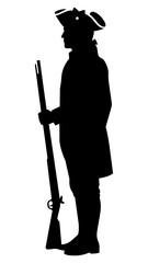 Fototapeta premium Black silhouette of a revolutionary war soldier standing with a musket rifle in uniform and tricorne hat isolated on transparent background, Vector