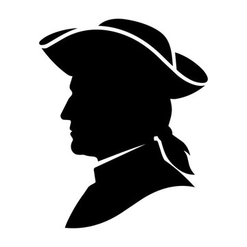 Black silhouette profile of a colonial man wearing a tricorn hat in an eighteenth century style isolated on transparent background, Vector