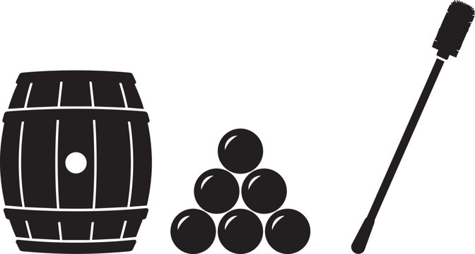 Black silhouette icons of a wooden barrel, a stack of cannonballs, and a ramrod for historical military or pirate theme design isolated on transparent background, Vector