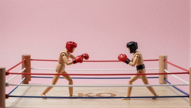 Two wooden figurines box in a ring ready for battle against pink
