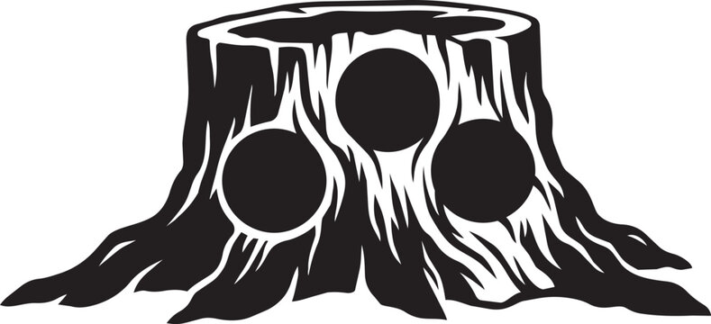 Black and white vector illustration of a tree stump with circular knot holes isolated on transparent background, Vector