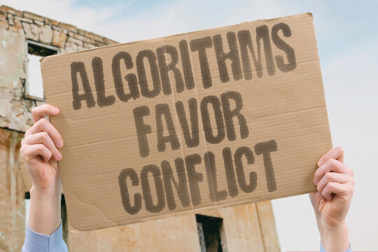 "Algorithms Favor Conflict" Hostile content frequently receives stronger engagement online. ALGORITHMS. CONFLICT. VIRALITY. INTERNET. ENGAGEMENT.