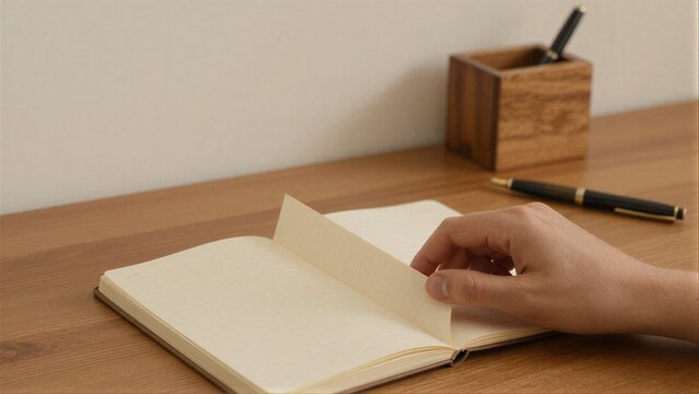 Hand rests on open notebook pens nearby suggesting quiet writing or