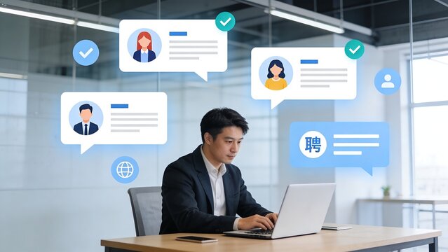 Generative AI illustrates a professional interview process with digital profiles