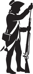 Fototapeta premium Black silhouette of a colonial American soldier standing with a musket rifle isolated on transparent background, Vector