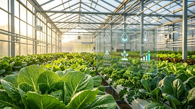 Smart greenhouse with holographic display showing crop data