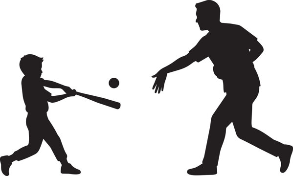 A silhouette of a father teaching his young son how to play baseball and swing a wooden bat isolated on transparent background, Vector