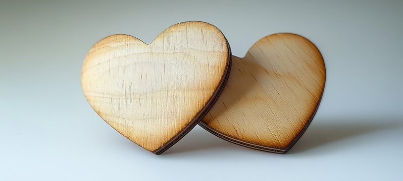 two small wooden heart shapes touching on a neutral surface, warm wood grain and soft shadow conveying affection and cozy handmade charm