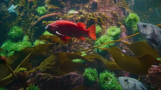 close up shot of several discus fish (Symphysodon aequifasciatus) with vibrant orange and brown stripes, swimming gracefully in a well maintained freshwater aquarium.