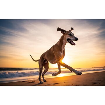 Athletic sighthound dog running on a sandy beach during sunset