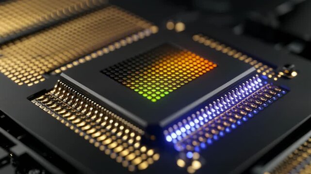 Close-up of a futuristic micro-LED chip with colorful illuminated elements