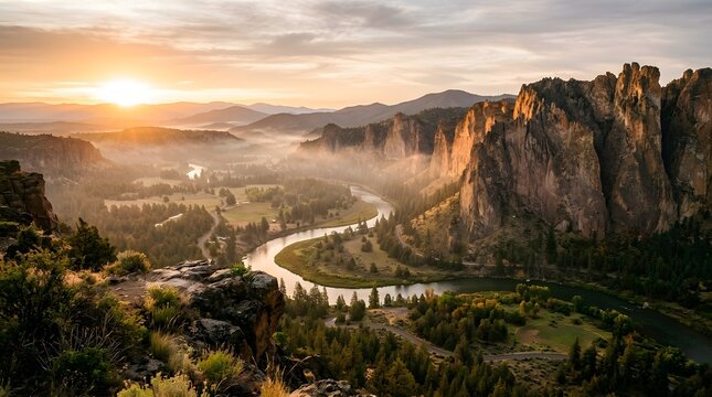 Misty river winding through smith rock state park at sunrise with golden light rock formations golden hour landscape outdoors