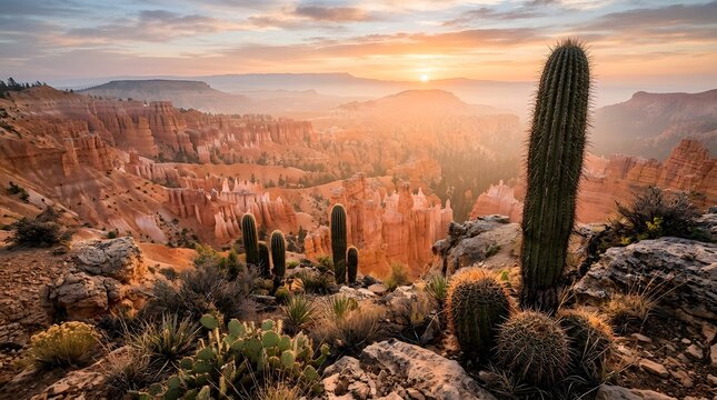 Desert landscape with cacti and hoodoos at sunset in bryce canyon rock formation national park landscape succulent badlands