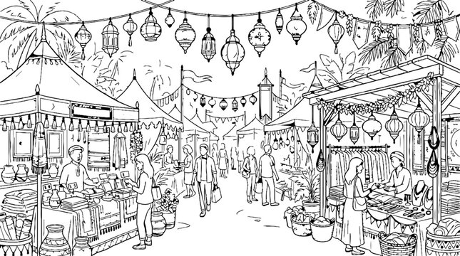 Busy outdoor bazaar market with stalls and hanging lanterns