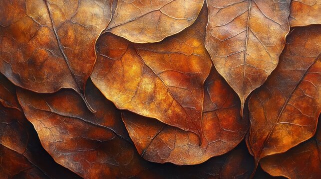 close-up of overlapping dried autumn leaves with rich golden brown veins and textured layered surface conveying warm nostalgic calm