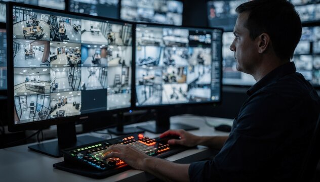 Medium shot of technician programming control room monitors with live feeds from multiple cameras background softly out of focus.