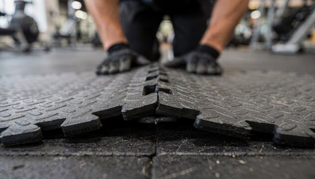 Installing modular rubber tiles on a fitness floor camera focusing on the interlocking mechanism connecting the edges the installers face and the rest of the room softly blurred.