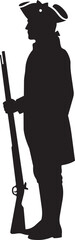Fototapeta premium Black silhouette of a revolutionary war soldier standing with a musket rifle in uniform and tricorne hat isolated on transparent background, Vector