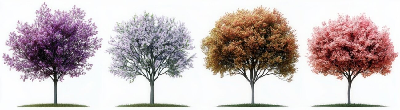 Tranquil row of four solitary flowering trees with purple, pale lilac, amber and pink blossoms standing on grass patches against a clean white background