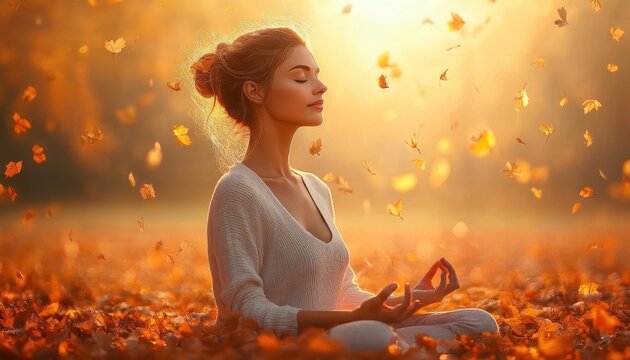 woman meditating cross-legged on a ground covered in orange autumn leaves, wearing a white sweater with hands in mudra, warm golden sunlight and falling leaves, peaceful and serene