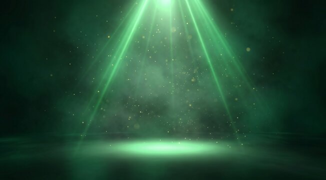 Dark green abstract background illuminated by bright neon green spotlight beams descending from the top center, glowing mystical atmosphere with floating sparkling particles and dust, cinematic volume