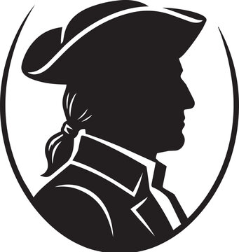 Black silhouette profile icon of an American colonial man wearing a tricorn hat and a wig in a vintage historic style isolated on transparent background, Vector