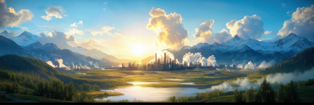 sunrise over an industrial city in a mountain valley with smokestacks belching smoke, reflective wetlands and forests under dramatic golden clouds, serene yet ominous mood