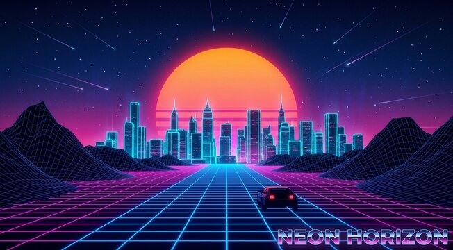 Cyberpunk retro-wave futuristic city skyline at night with glowing neon blue wireframe ground, large radiant orange and yellow sunset sun behind dark skyscrapers, synthwave aesthetic inspired by 1980s