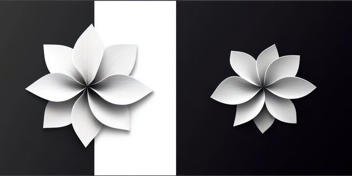 Two white layered paper flowers with textured petals on a split black and white background divided by a vertical panel, minimalist elegant and serene composition with soft shadows