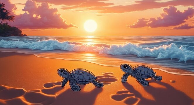 two baby sea turtles crawling across a sunlit sandy beach toward a glowing ocean at a warm tropical sunset, peaceful and hopeful mood