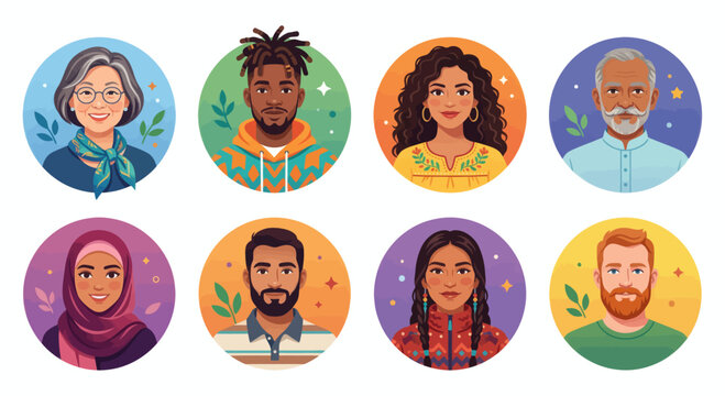 Collection of diverse human avatars in round frames, illustrating the concept of global unity and individual identity within a vibrant community