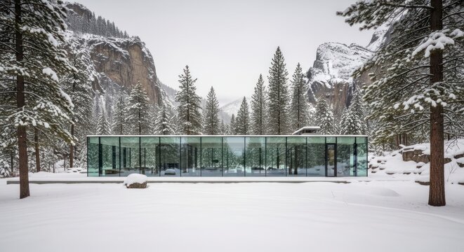 Glass Pavilion Reflecting a Serene, Snowy Mountain Valley Wilderness