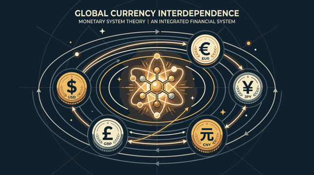 Global currency interdependence atomic money orbit model.