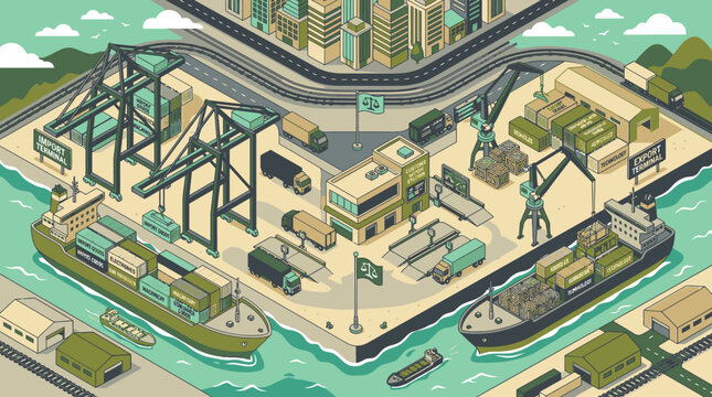 Aerial view of container port terminal operations and cargo handling.