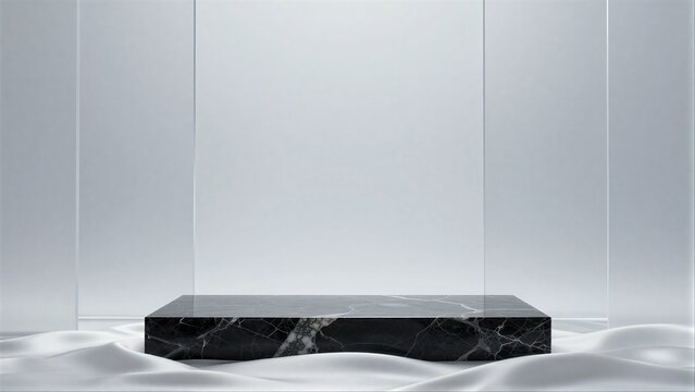 Minimalist black marble podium on white fabric against glass panels.