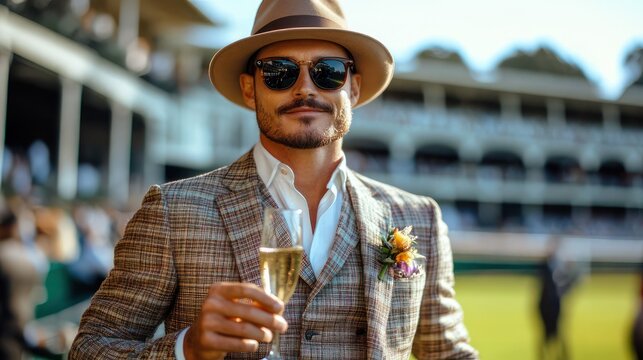 Dapper man in plaid three-piece suit and hat holding a champagne glass at an outdoor event, relaxed confident celebratory mood